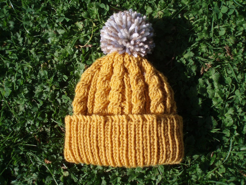 Retro mustard yellow hand knitted aran beanie bobble hat unisex design to fit men and women one size image 4