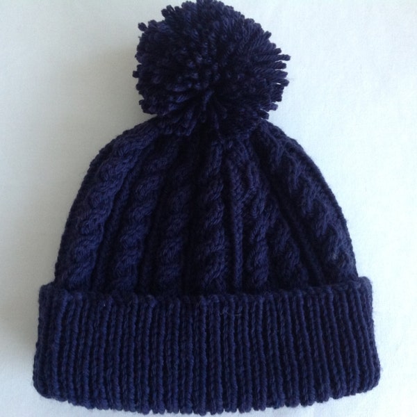 Navy hand knitted aran beanie bobble hat - range of sizes available from 0-24 months