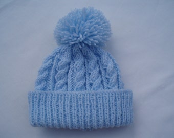 Baby blue hand knitted aran beanie bobble hat - range of sizes available from 0-24 months