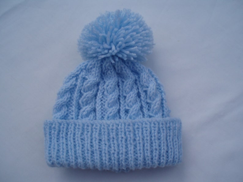 Premature / newborn hand knitted cable beanie bobble hat range of premature / newborn sizes and colours available image 3