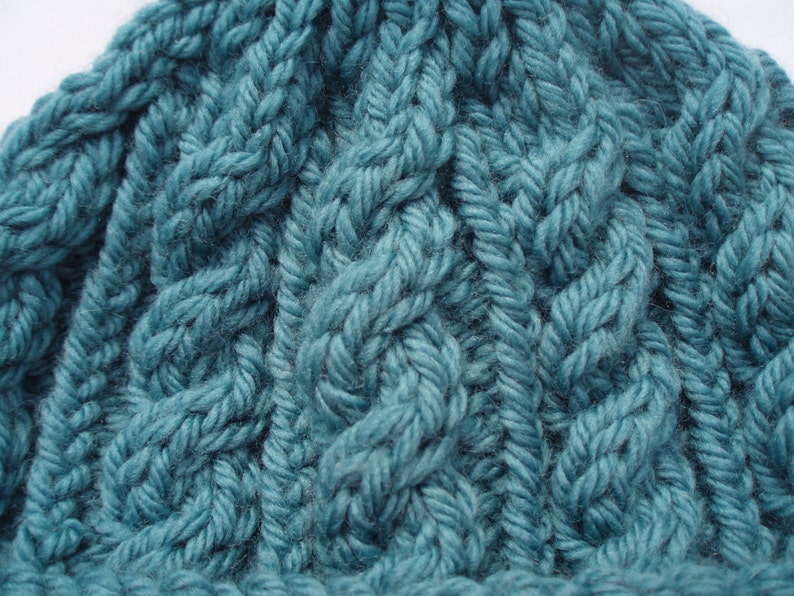 Teal hand knitted aran beanie bobble hat Unisex adult sizes standard/XL Rowan pure wool aran image 4