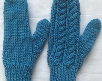 Blue pure merino wool hand knitted aran mitts - unisex design to fit men and women