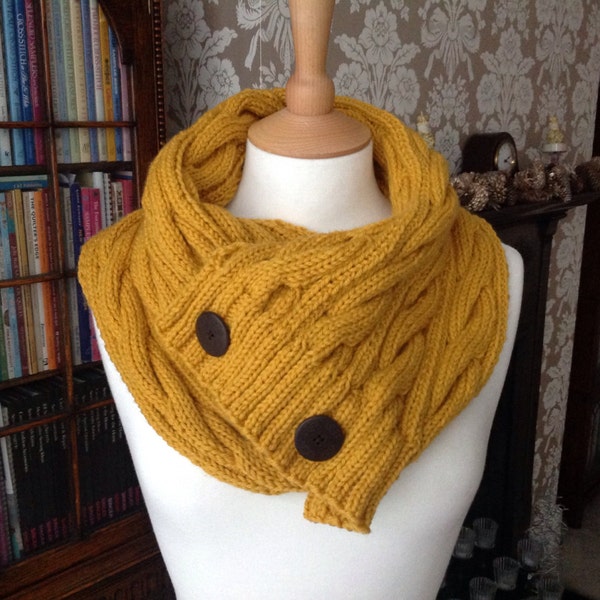 Knitting pattern for "Mariette" aran cable scarf with buttons - to fit teens and adults (one size)