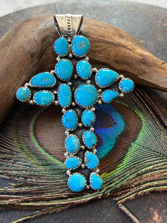 Sterling and turquoise cluster cross pendant