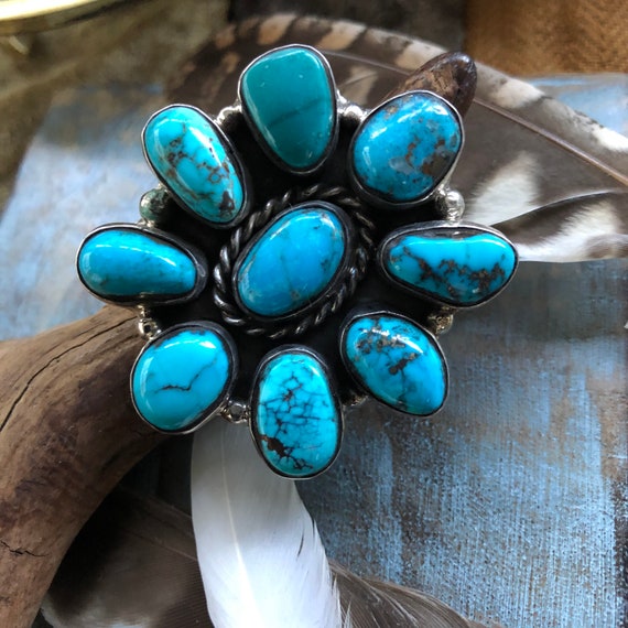 Gorgeous Natural Turquoise cluster ring sterling silver adjustable band