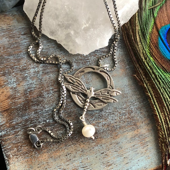 Handmade sterling dragonfly freshwater pearl necklace