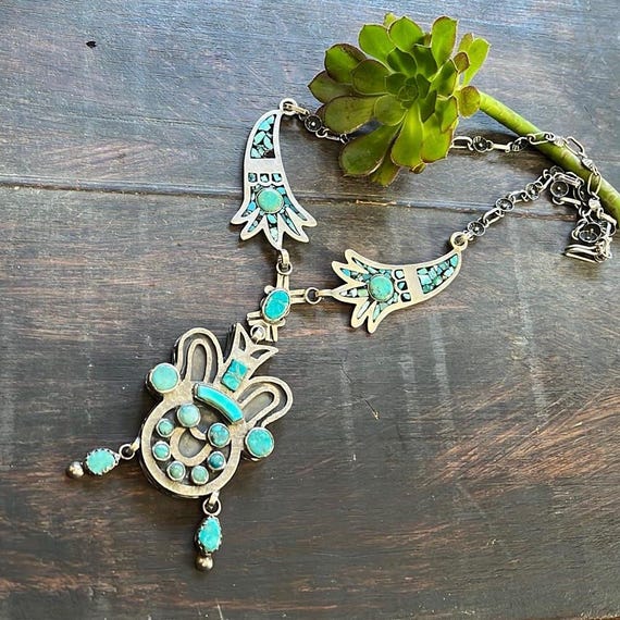 Vintage Tribal sterling turquoise statement necklace