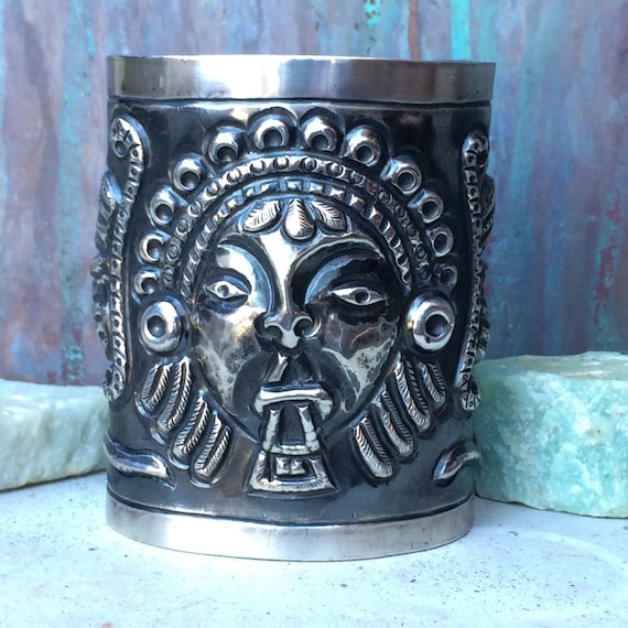 Intriguing rare vintage tall sterling Mayan /Aztec cuff bracelet