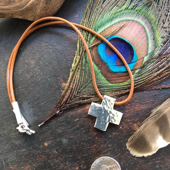 Sterling and leather hammered cross necklace