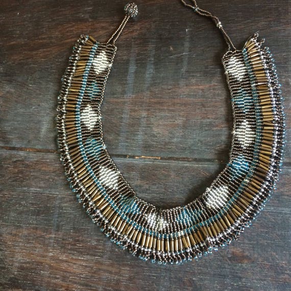 Handmade seed beaded choker in bronze blue and cream