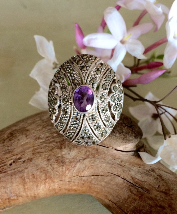 Art Deco Marcasite and amethyst statement ring size 7.5