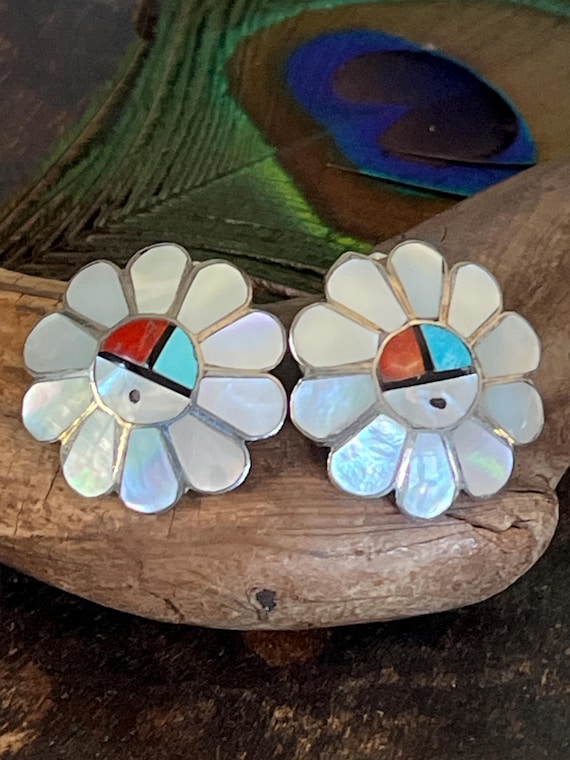 Vintage Native American Zuni  sunface inlay earrings post back