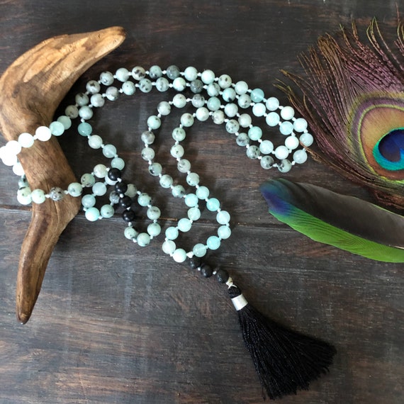 Serenity Mala  kiwi jasper,onyx and lava stone