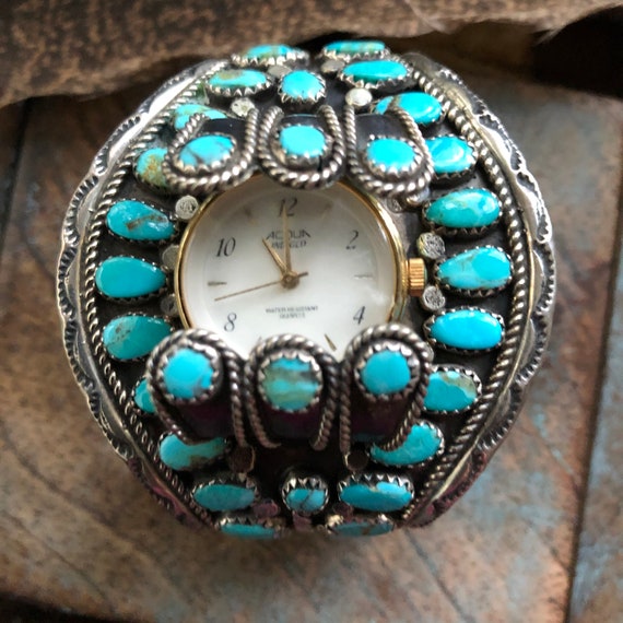 Vintage sterling turquoise Navajo petit point cluster watch cuff