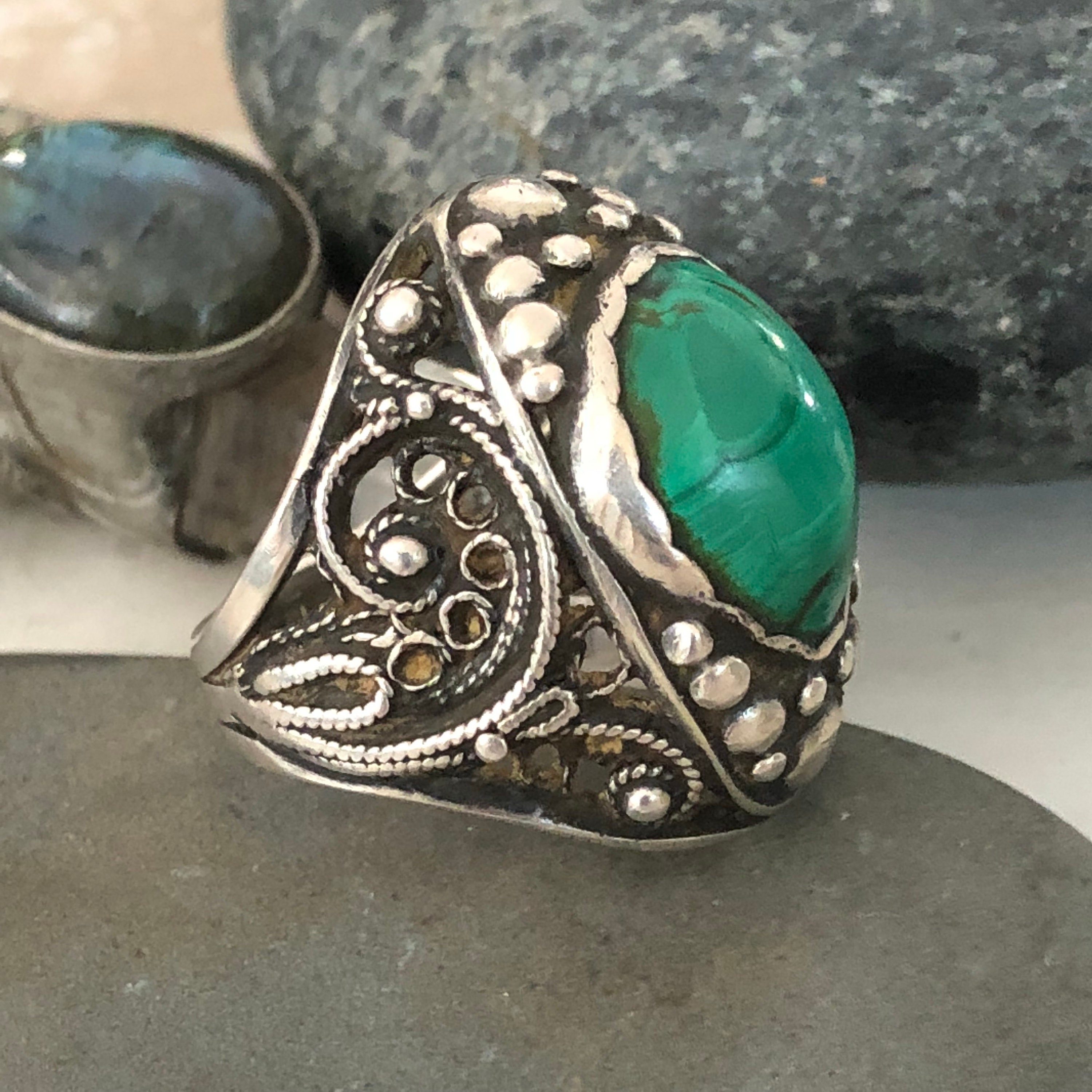 Amazing Sterling and Malachite tribal ring size 7.5 | Etsy