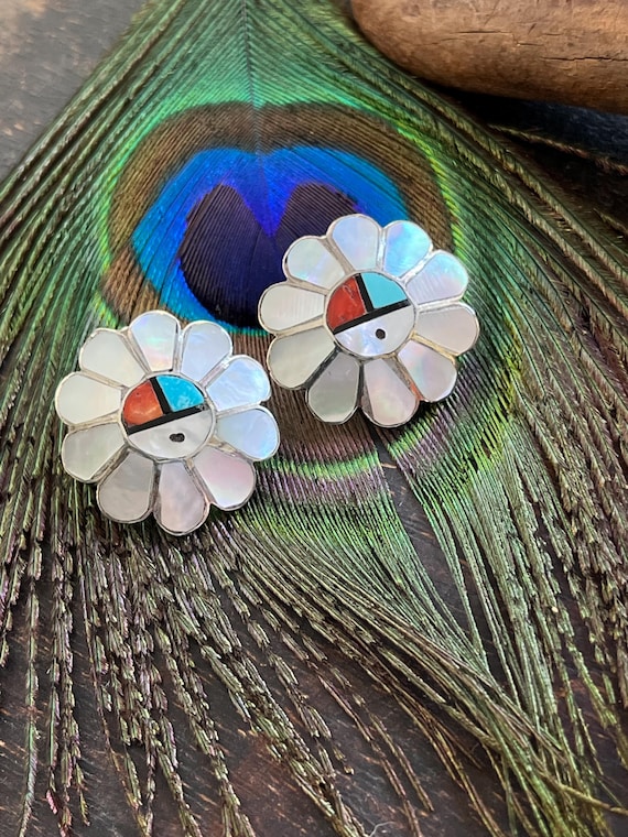 Vintage Native American Zuni  sunface inlay earrings post back