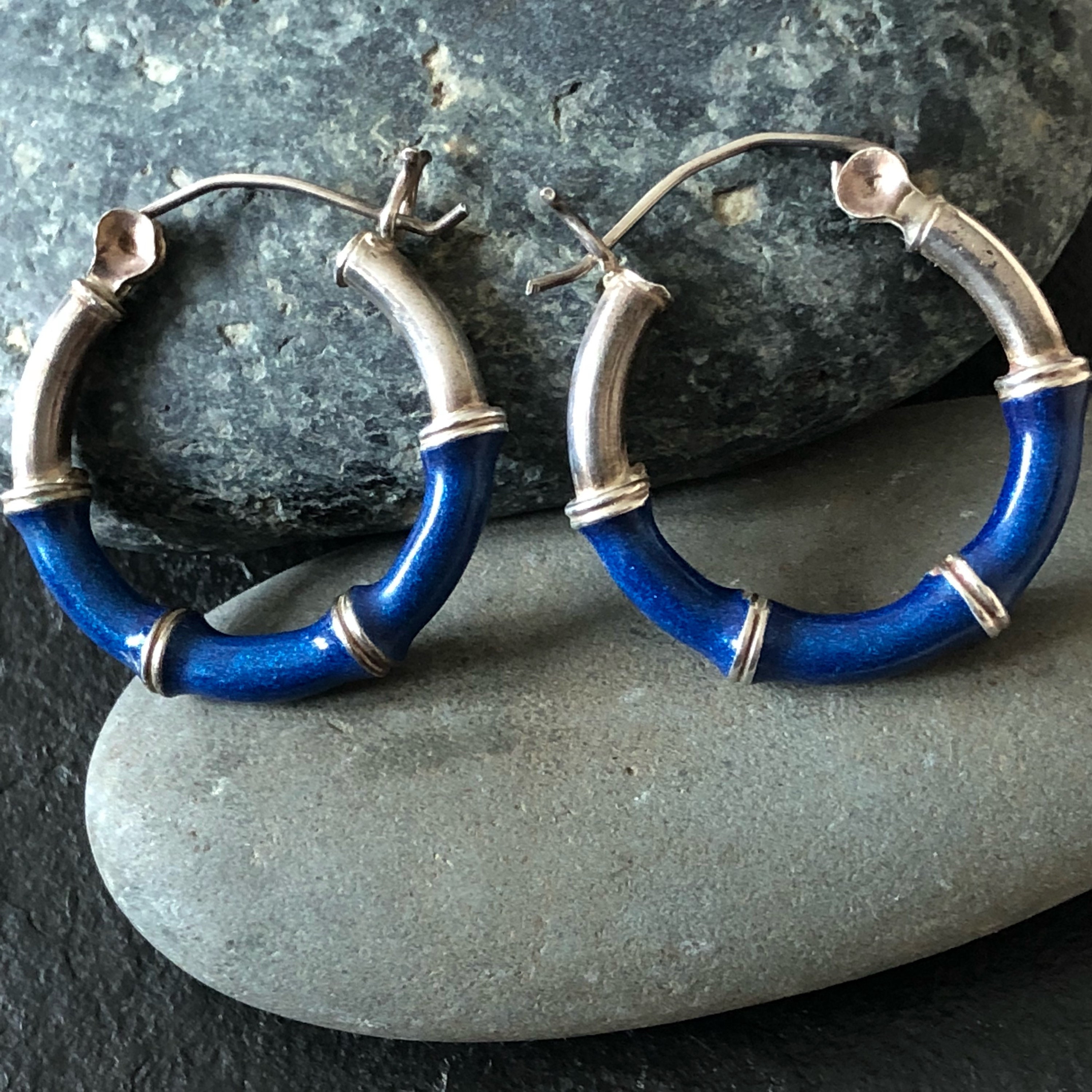 Vintage sterling and blue enamel hoop earrings