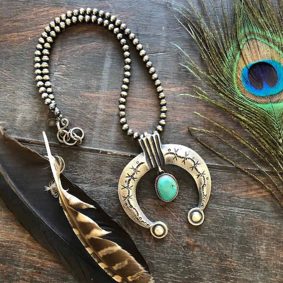 Sterling Tufa cast Naja with Royston turquoise on Navajo pearls