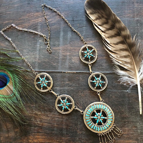 Vintage medicine wheel. needle point turquoise necklace