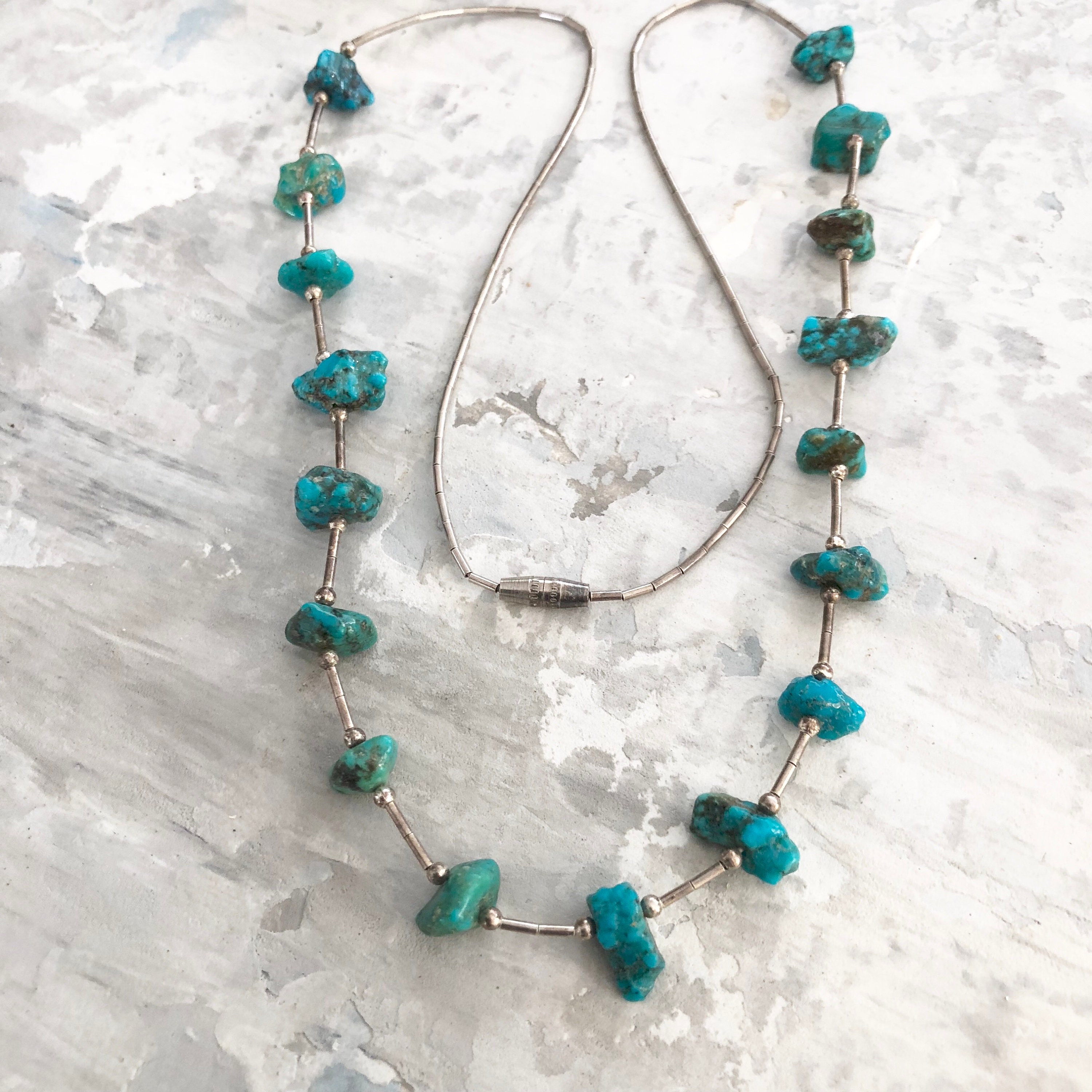 Vintage navajo liquid silver and turquoise nugget necklace