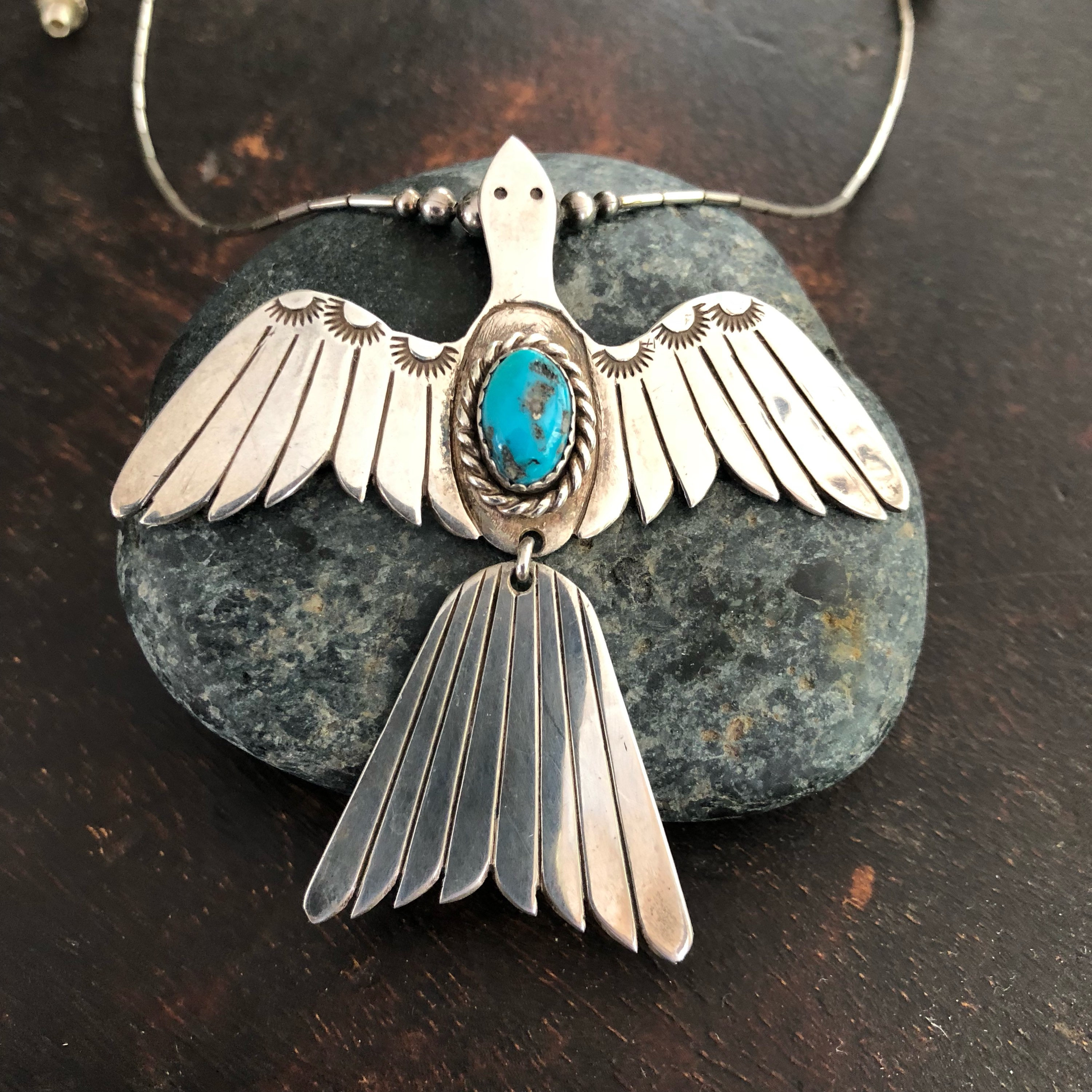 Beautiful vintage sterling Navajo peyote bird necklace with Kingman turquoise