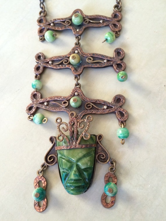 Immense Mayan copper brass and jade articulating bib necklace