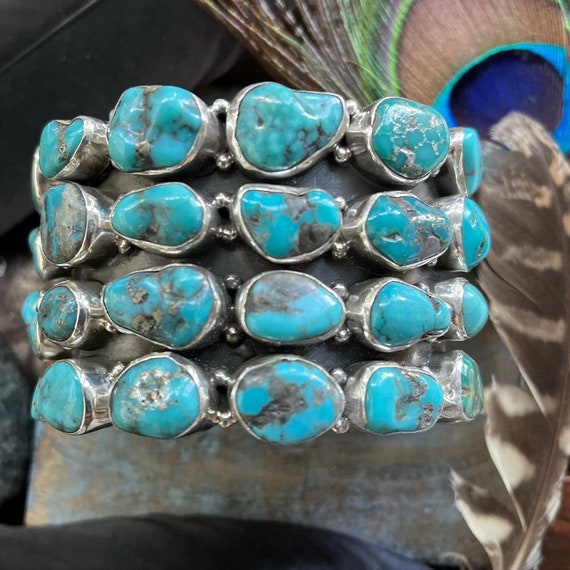 Gorgeous unisex sterling and turquoise nugget cuff bracelet med to large wrist