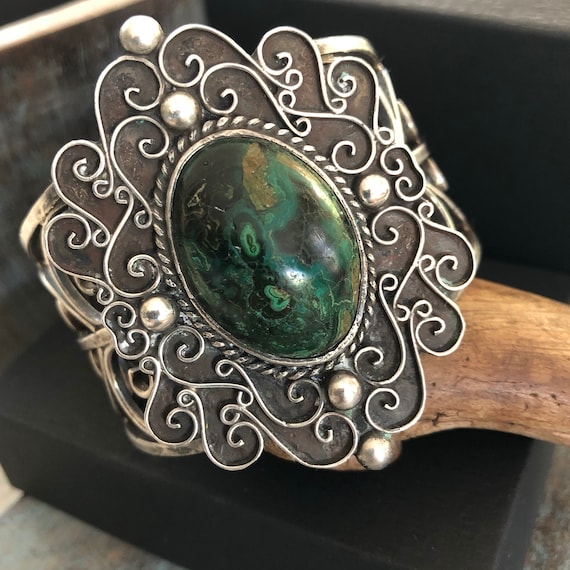 Vintage sterling and Kambaba Jasper Mexican cuff bracelet