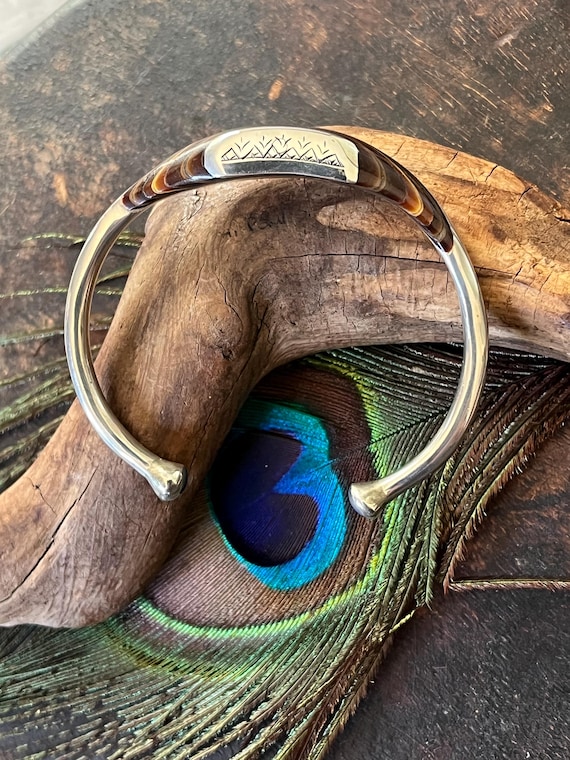 Tribal sterling and ebony wood inlay cuff bracelet