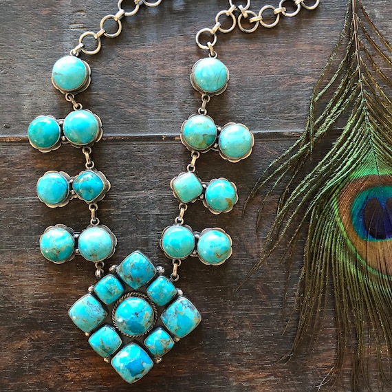 Kingman turquoise and sterling cluster necklace