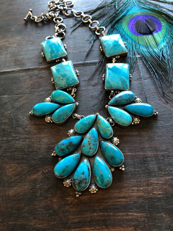 Kingman turquoise and sterling cluster necklace