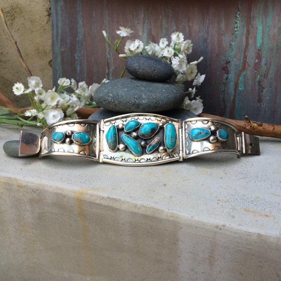 Spectacular rare vintage Navajo genuine turquoise and sterling panel cuff bracelet