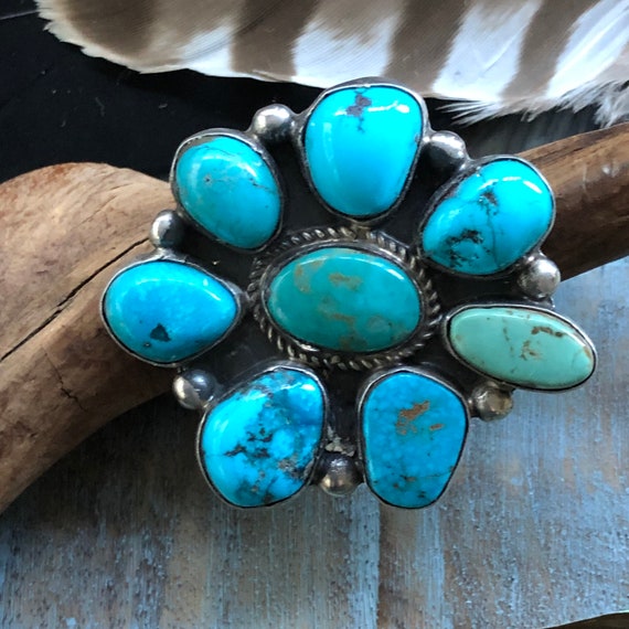 Natural Turquoise and sterling cluster ring adjustable currently an 8.5