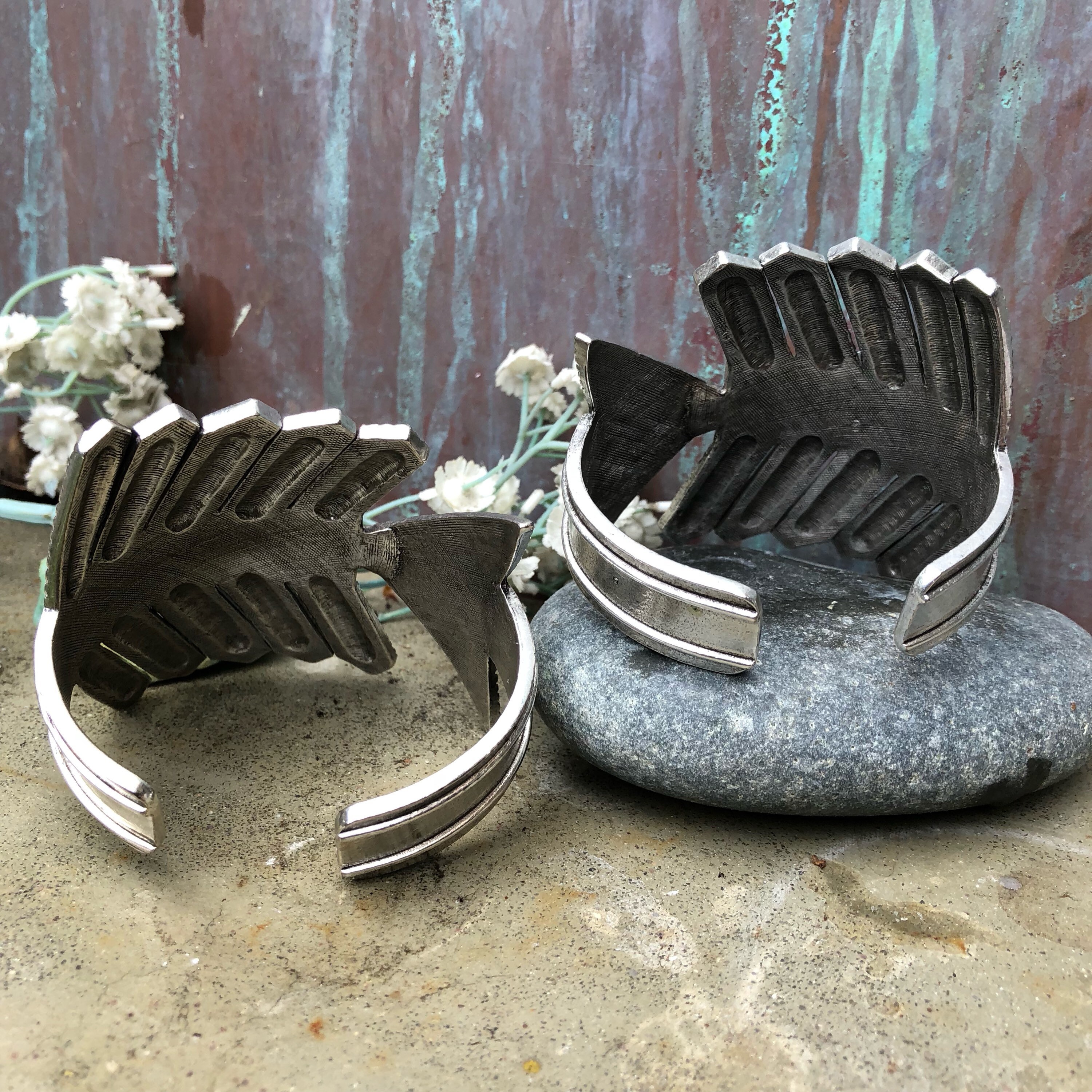 Silver arrow feather cuff bracelets adjustable medium to larger wrist ...