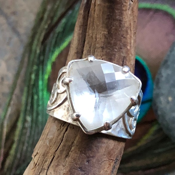 Cushion cut clear quartz sterling ring size 7