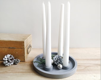 Advent wreath, Candle holder quadruple, concrete gray, modern farmhouse decor, tray function for christmas decorations
