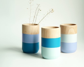 Wooden Vases - Home Decor - Blue - Homeware - Set of 3 - Livingroom Accessories - Gift for Her