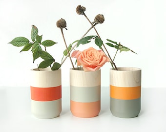 Set of 3 Painted Wooden Vases Home Decor orange