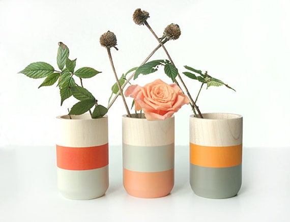 Set of 3 Painted Wooden Vases Home Decor orange