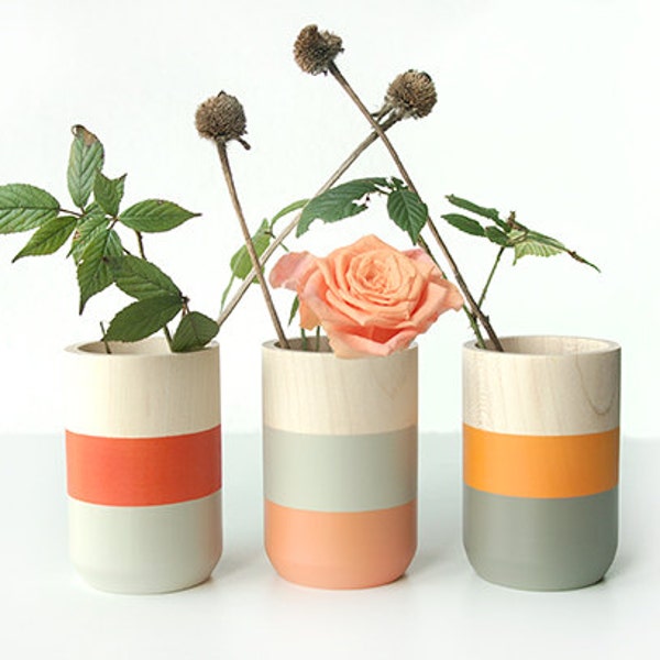 Set of 3 Painted Wooden Vases Home Decor orange