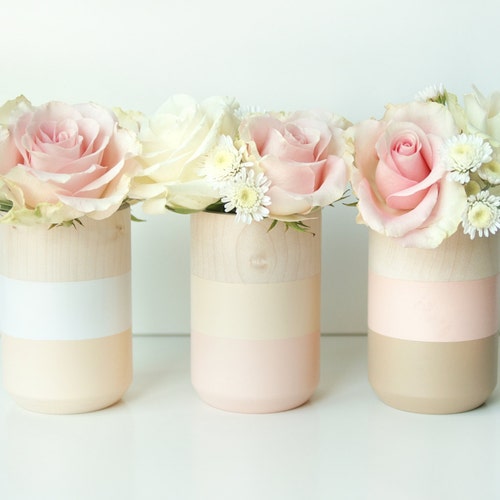 Vases en bois naturel - Décoration d'intérieur - rose clair - Articles pour la maison - Lot de 3 - Accessoires de salon