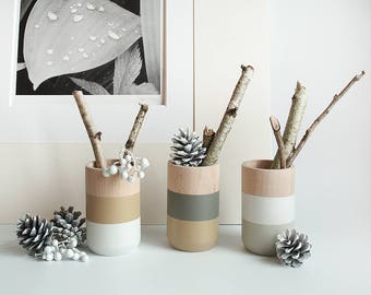 Holzvasen - Set aus 3 Holzvasen - Geschenk für Sie - Winter - beige grau