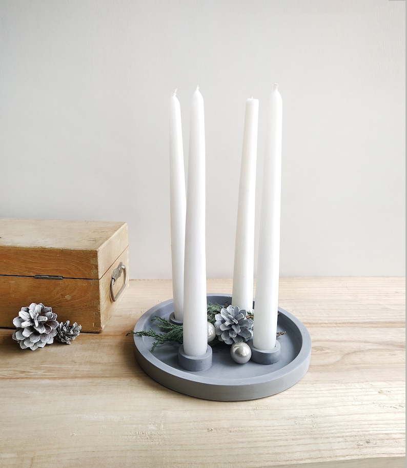 Advent wreath, Candle holder quadruple, concrete gray, modern farmhouse decor, tray function for christmas decorations image 1