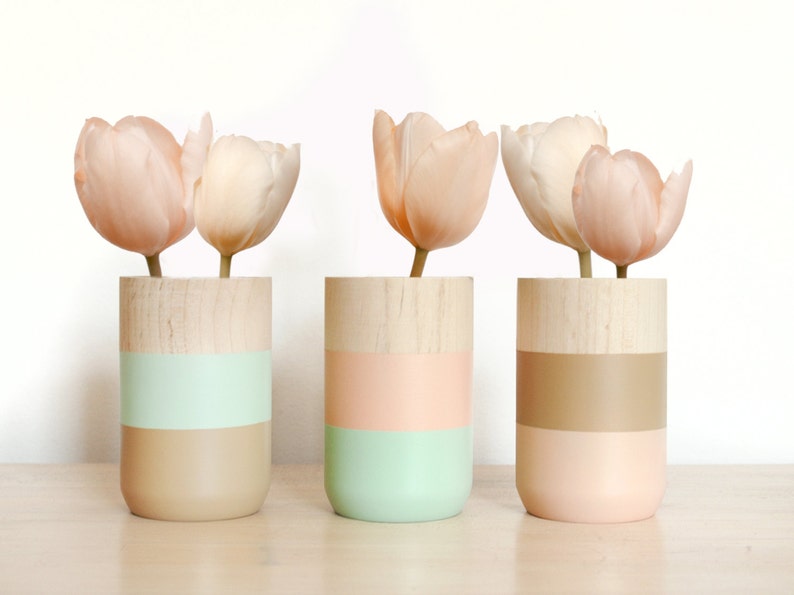 Wooden Vases Set of 3 for flowers and more Home Decor aquamarine image 1