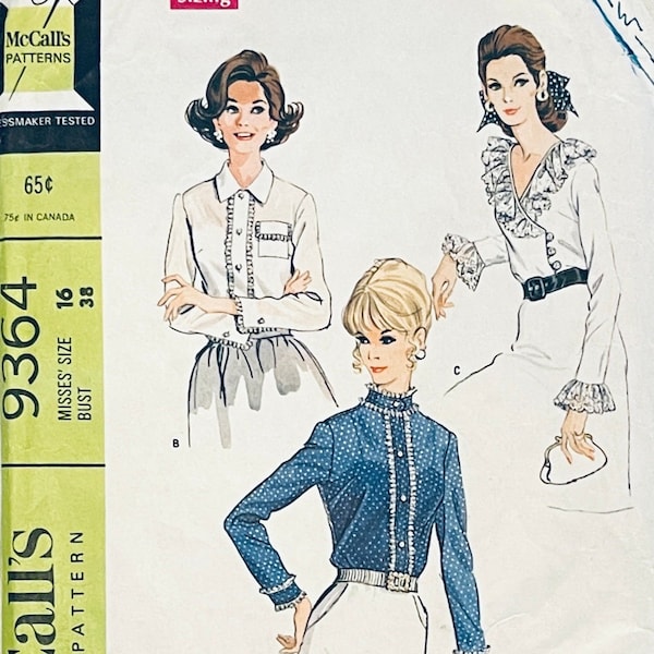 1960s Vintage McCalls 9364 Romantic Feminine Long Sleeve Blouse Pattern Set of Blouses Sewing Pattern Bust 38 Size 16 UNCUT Sewing Patterns