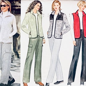 May include: A sewing pattern for three different jackets and pants. The jackets include a white vest, a green zip-up jacket, and a gray patterned jacket. The pants are all cargo style with pockets.