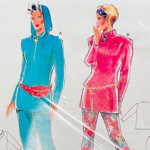 1980s Vintage Burda 4735 Casual Pull-On Stirrup Pants / Leggings & Hooded Tunic Below Waist Top Size 8 to 18 UNCuT Womens Sewing Patterns