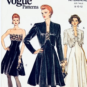 1990s Vintage VOGUE 8229 Strapless Boned Bodice Fit & Flare Cocktail Evening Dress, Bolero Jacket Pattern Size 8 10 12 UNCuT Sewing Patterns