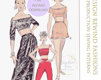 INSTANT DOWNLOAD Vintage jaren 1950 boxpakje loungewear bh top rok & broek crop top capri 32 buste 32b dames naaipatronen reproductie PDF