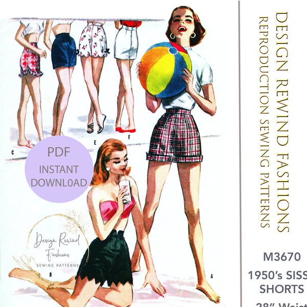 Instant Download PDF Vintage 1950s 50s Sissy Shorts Sewing Pattern in 6 Styles Waist 28 Inches Womens Sewing Patterns Reproduction M3670